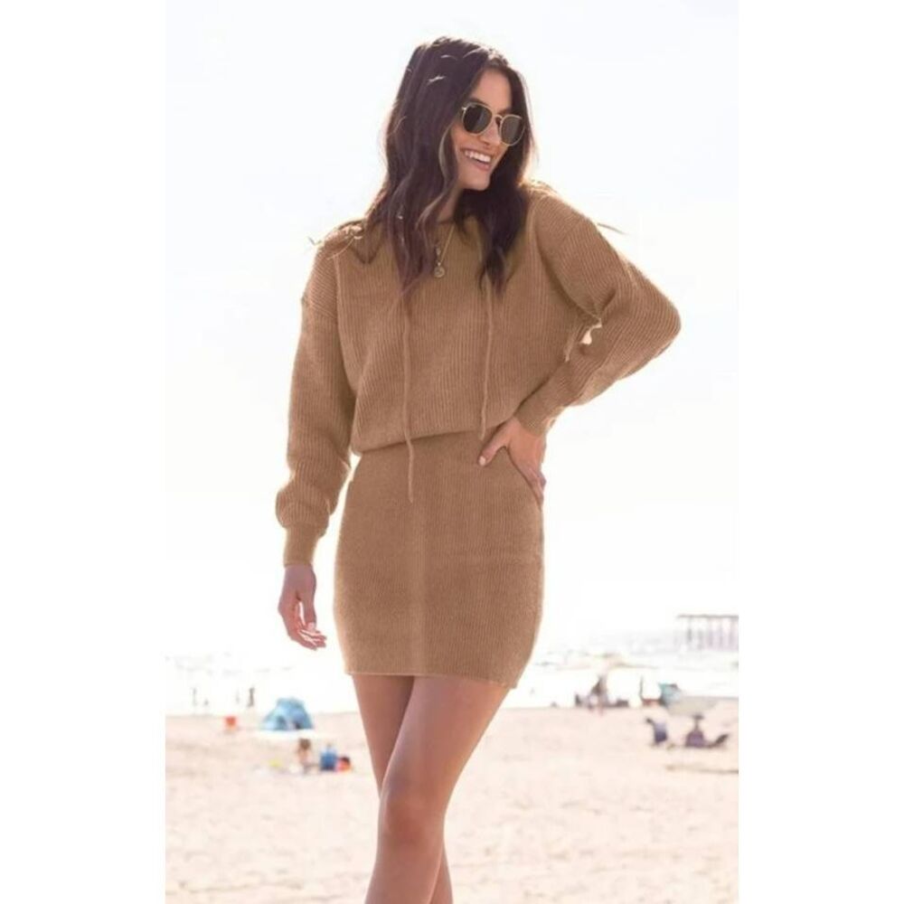 Pretty Garden Women Trendy Long Sleeve Bodycon Dress Hoodie Sweater Dress Tan NW